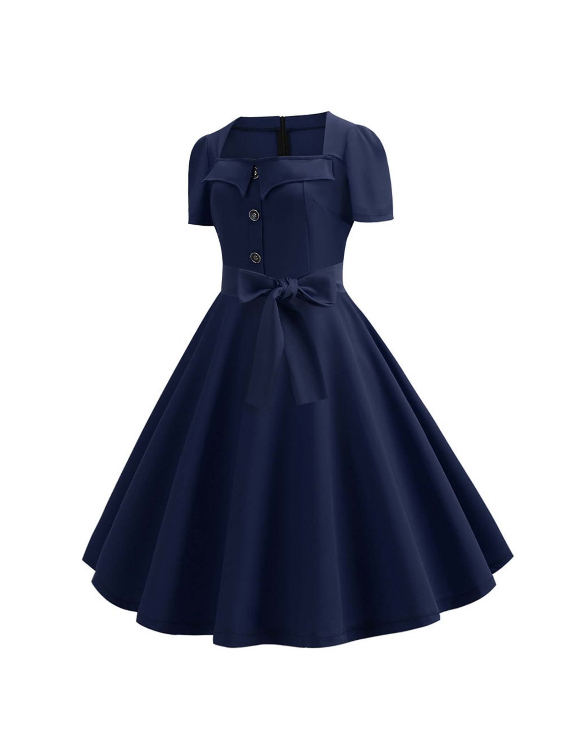 Vintage Tea-Length A-Line Dress With Scoop Neckline Short Sleeves and Knotbow