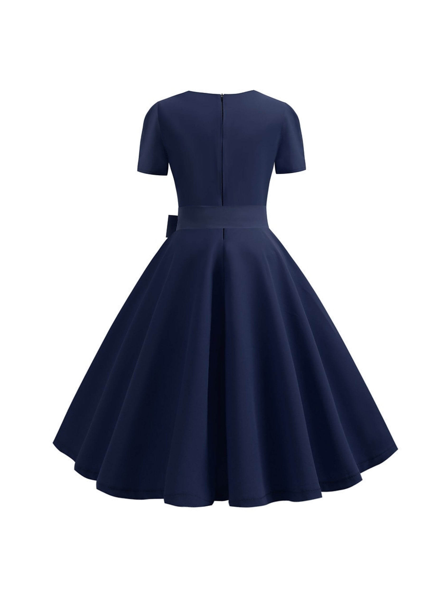 Vintage Tea-Length A-Line Dress With Scoop Neckline Short Sleeves and Knotbow