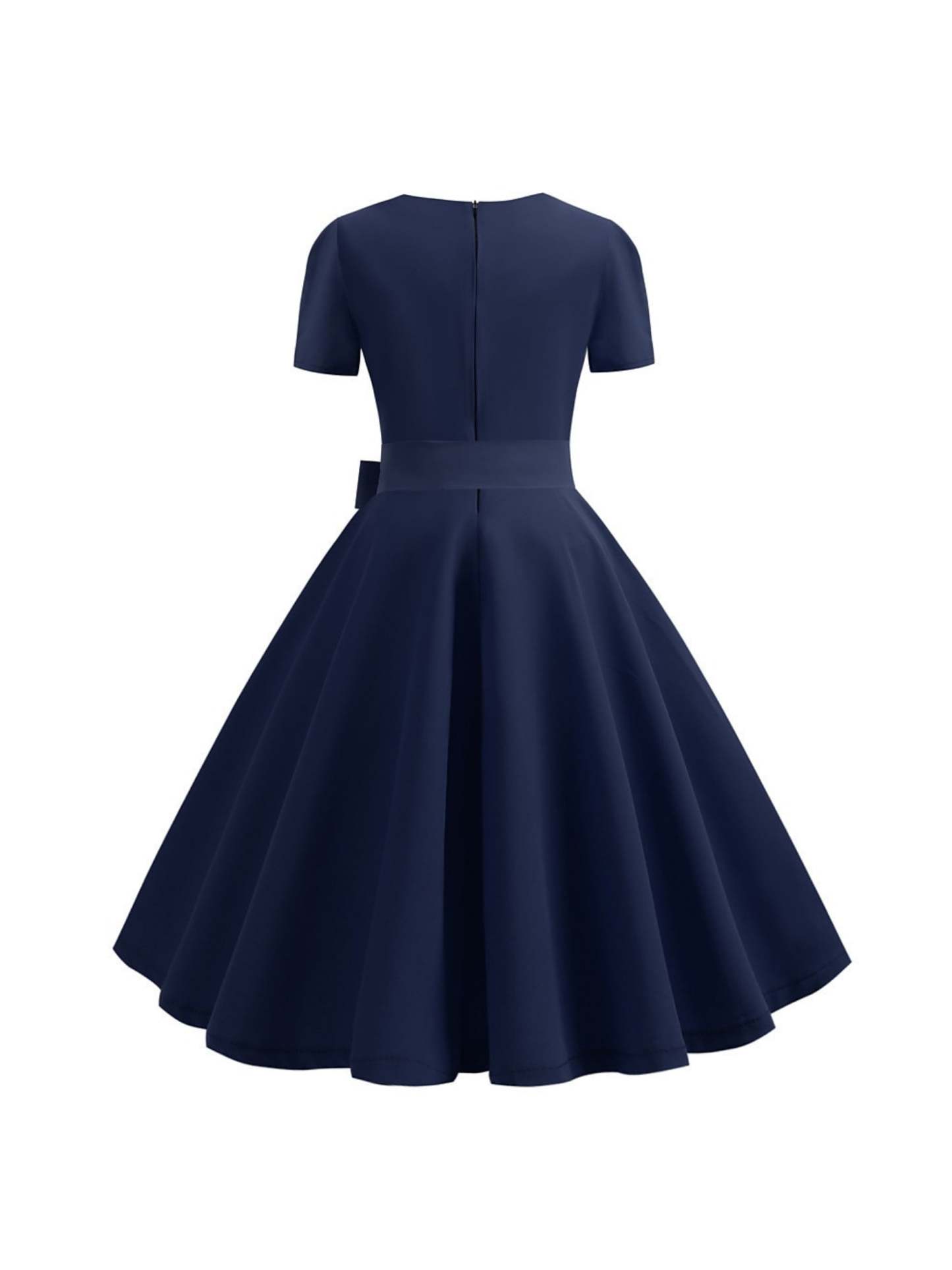 Vintage Tea-Length A-Line Dress With Scoop Neckline Short Sleeves and Knotbow
