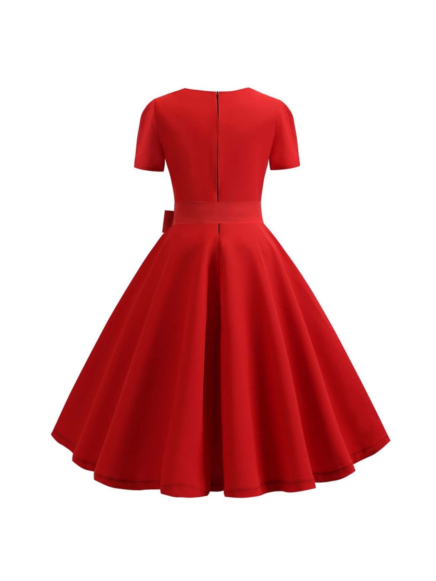 Vintage Tea-Length A-Line Dress With Scoop Neckline Short Sleeves and Knotbow