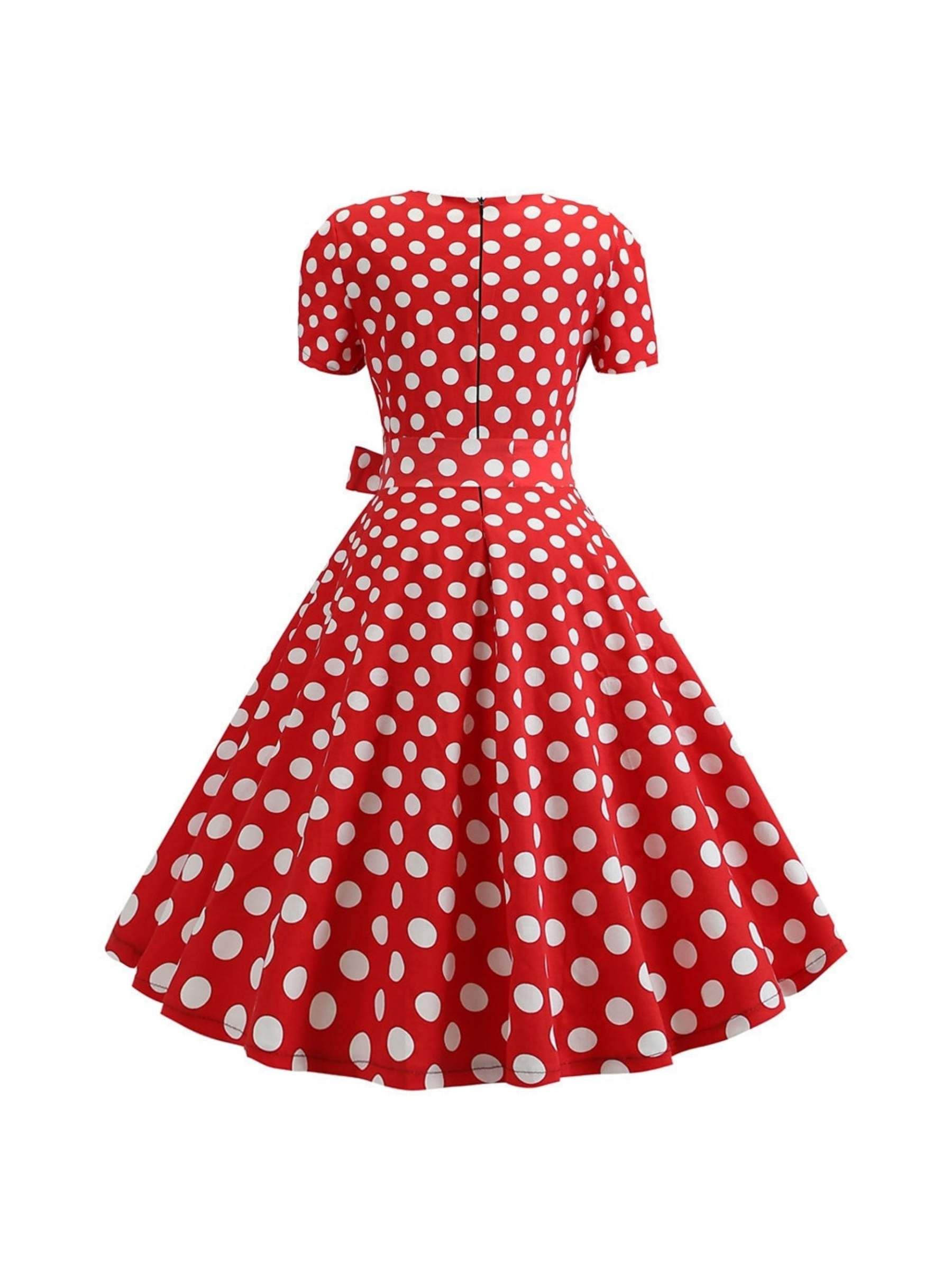 Vintage Tea-Length A-Line Dress With Scoop Neckline Short Sleeves and Knotbow