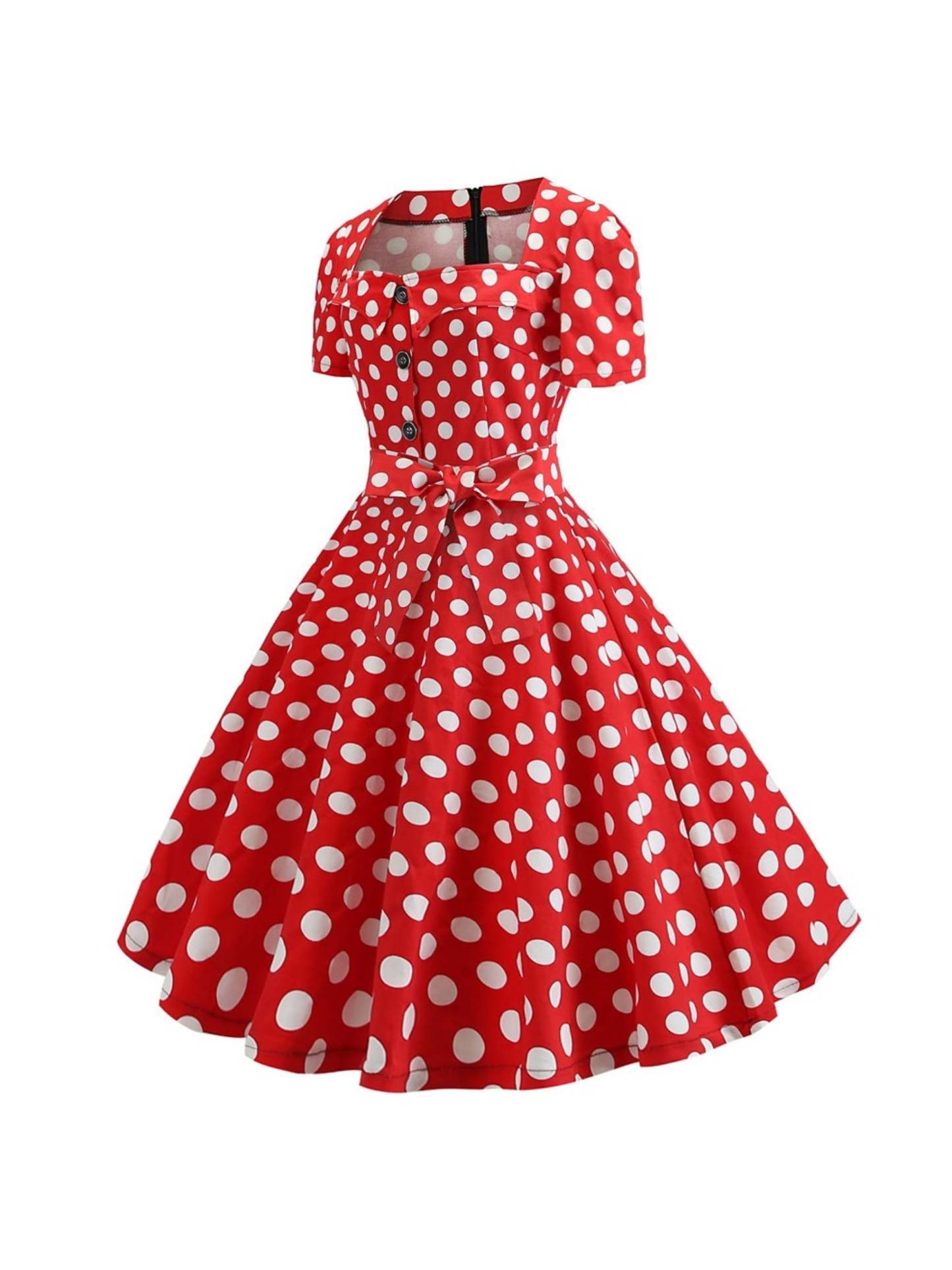 Vintage Tea-Length A-Line Dress With Scoop Neckline Short Sleeves and Knotbow