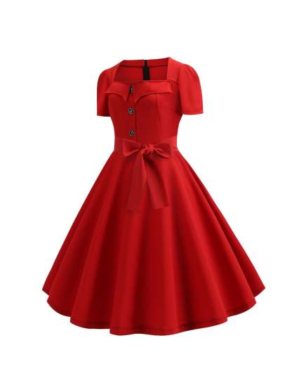 Vintage Tea-Length A-Line Dress With Scoop Neckline Short Sleeves and Knotbow