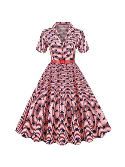 Vintage Tea-Length Dress with Scoop Neck and Short Sleeves in A-Line/Princess Cut