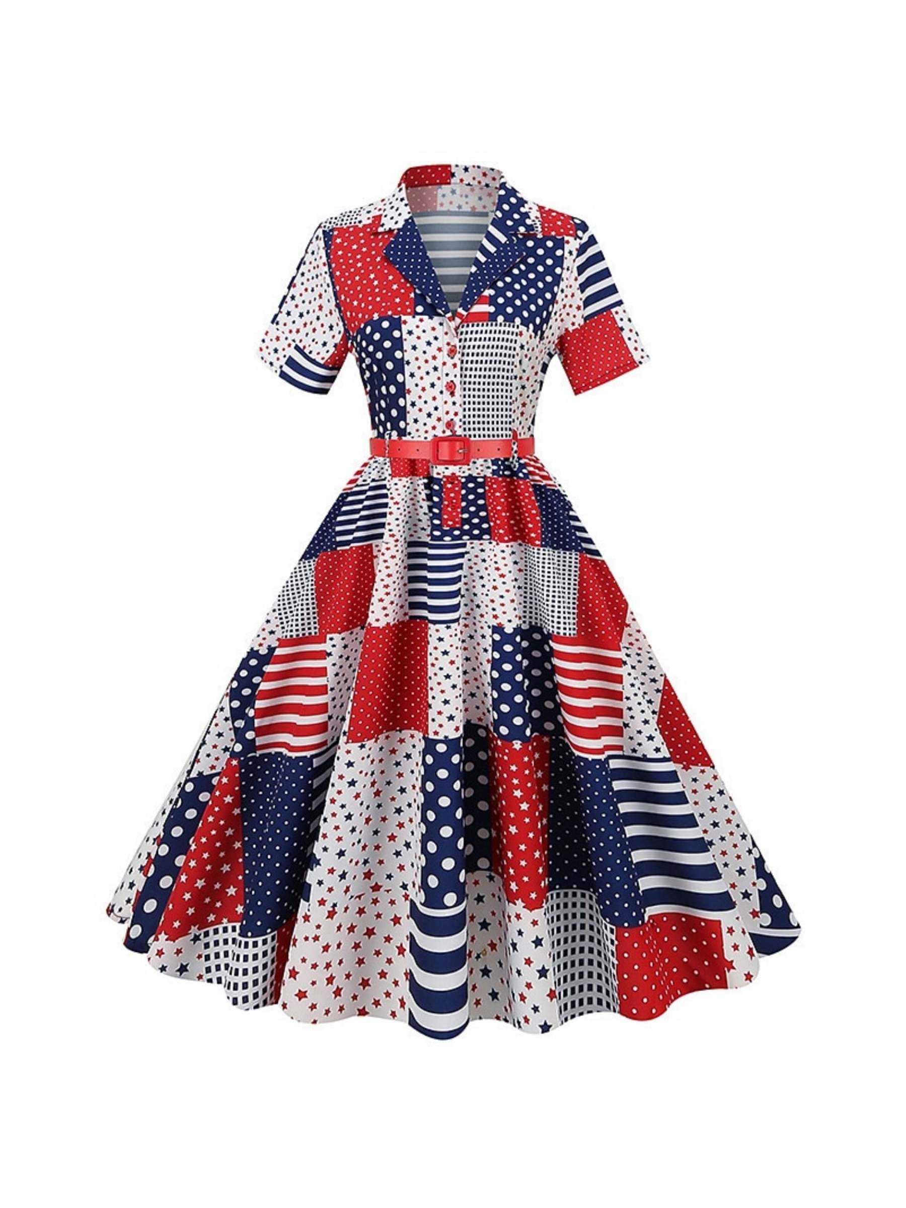 Vintage Tea-Length Dress with Scoop Neck and Short Sleeves in A-Line/Princess Cut