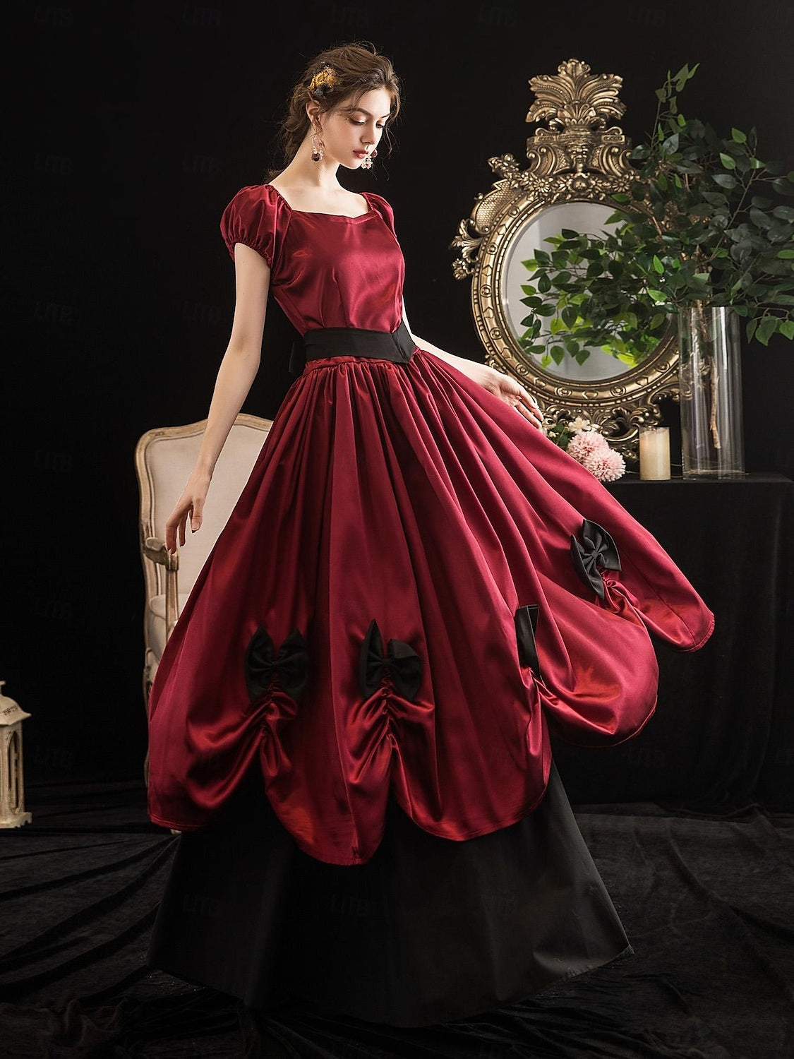Vintage Tea-Length Ball Gown Featuring Scoop Neck Short Sleeves and Knotbow