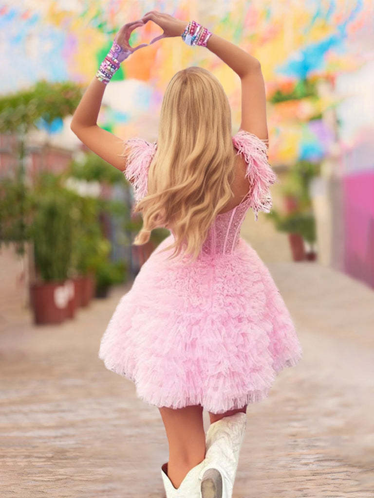 Short Sleeve A-Line Princess Semi-Sweetheart Mini Party Dress with Beadings Ruffles & Feathers