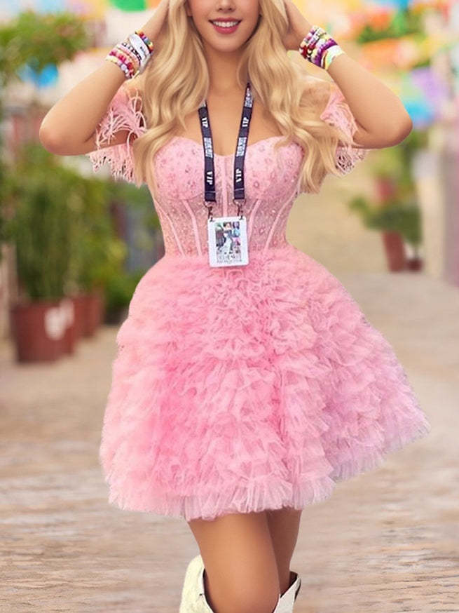 Short Sleeve A-Line Princess Semi-Sweetheart Mini Party Dress with Beadings Ruffles & Feathers