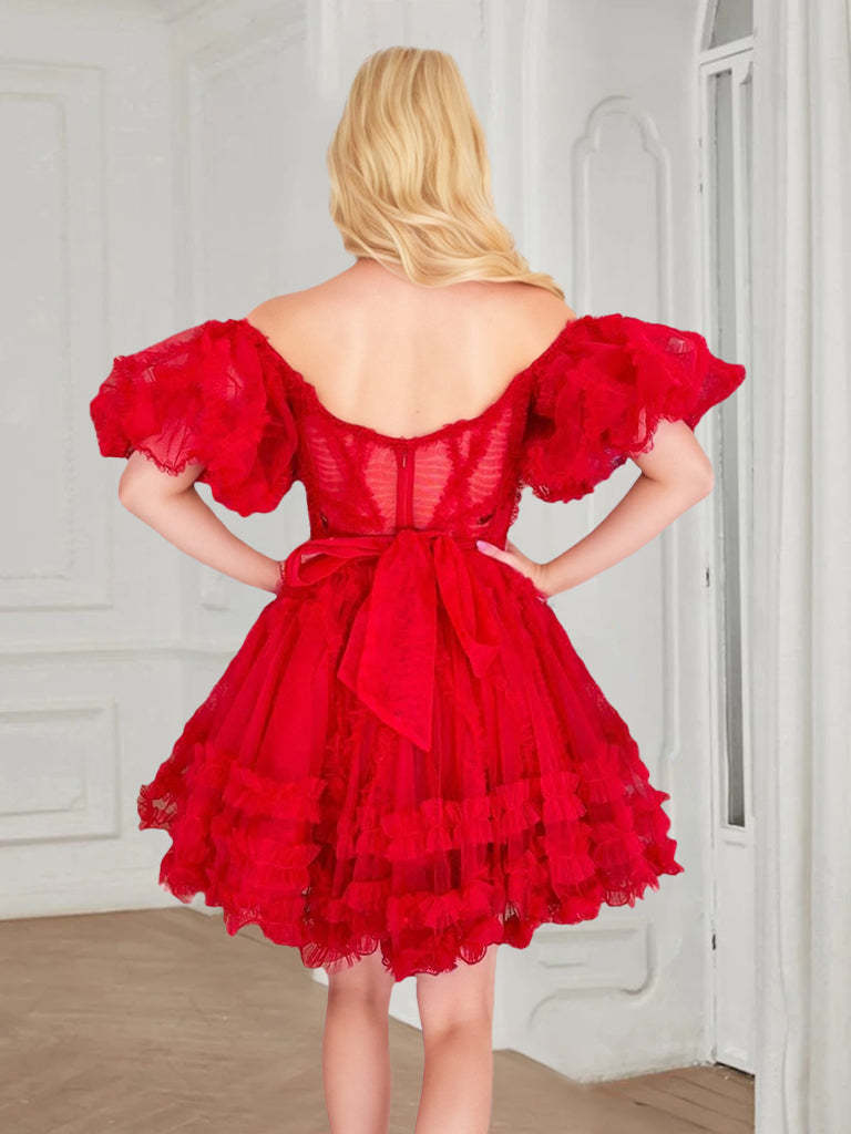 Short/Mini Off-the-Shoulder Party Dress With Puffy Sleeves Ruffles Pleats & Sash
