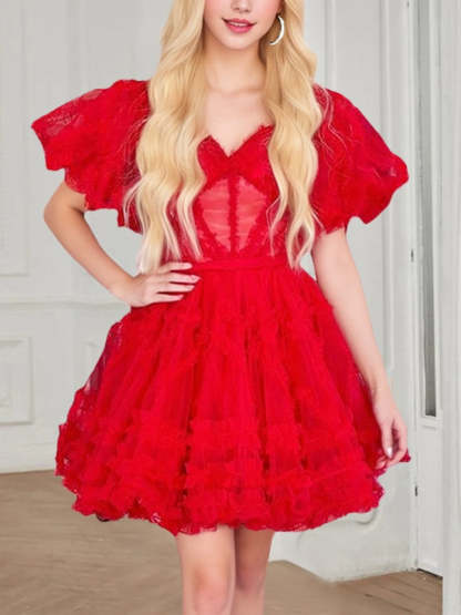 Short/Mini Off-the-Shoulder Party Dress With Puffy Sleeves Ruffles Pleats & Sash