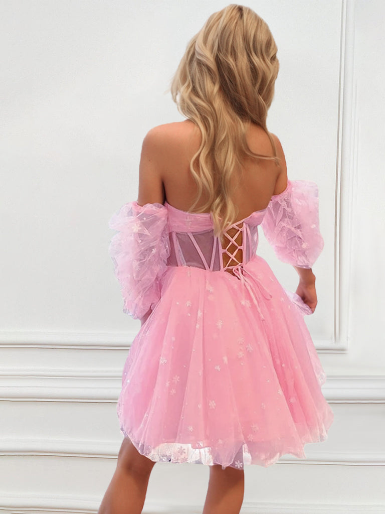 Strapless A-Line Princess Dress with Detachable Balloon Sleeves and Pleats Illusion Corset Bodice for Party or Homecoming-BMbridal.UK