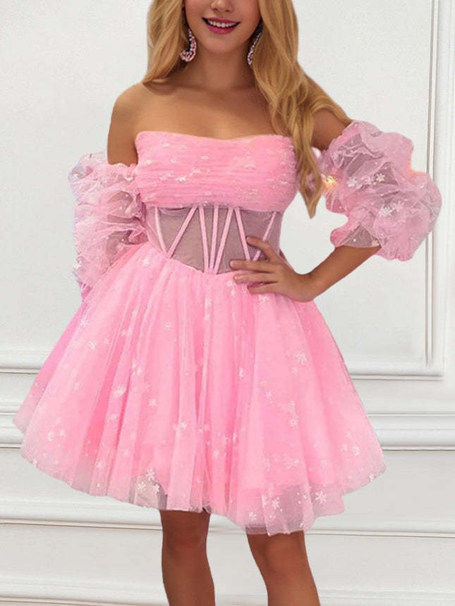 Strapless A-Line Princess Dress with Detachable Balloon Sleeves and Pleats Illusion Corset Bodice for Party or Homecoming-BMbridal.UK