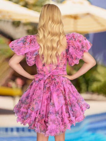 Sweetheart Off-the-Shoulder Short Puffy Sleeves A-Line Princess Mini Party Dress with Illusion Corset and Ruffles-BMbridal.UK