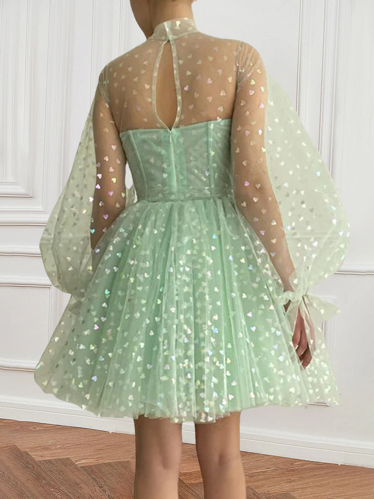 Short/Mini High-Neck Illusion A-Line Party Dress with Puffy Sleeves Pleats and Corset Bodice