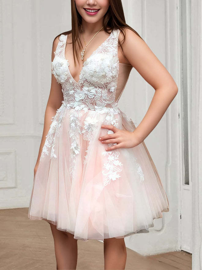 Short Sleeveless V-Neck A-Line Princess Plunge Cocktail Dress with Illusion Bodice Beadwork and Appliques-BMbridal.UK