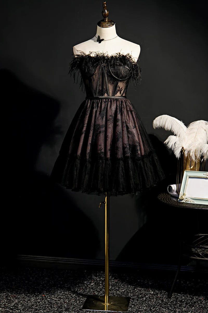 Strapless Sleeveless Mini A-Line Princess Party Cocktail Dress with Feathers for Homecoming or Dance