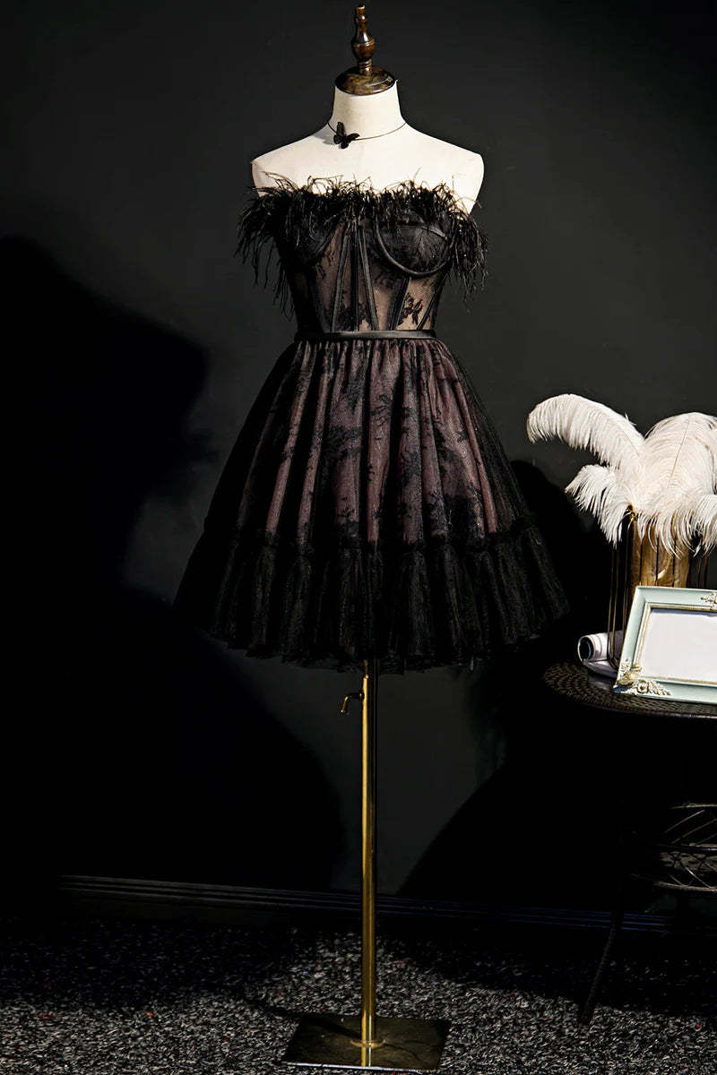 Strapless Sleeveless Mini A-Line Princess Party Cocktail Dress with Feathers for Homecoming or Dance