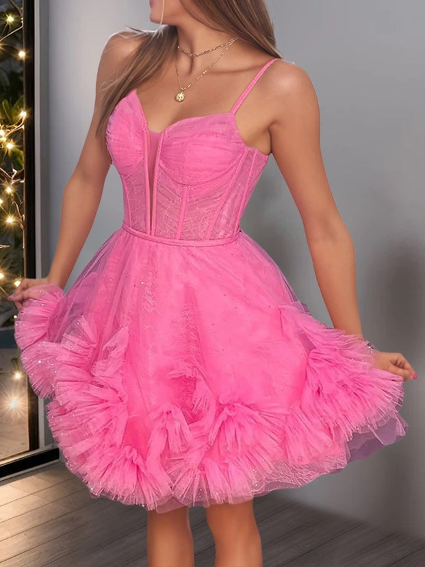 Spaghetti-strap A-line mini dress with ruffles and pleats for party or homecoming