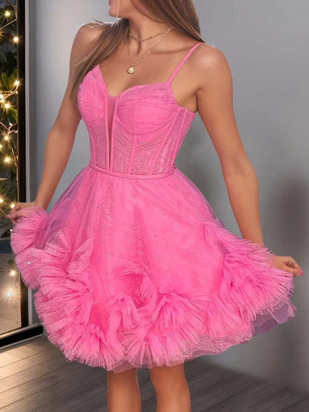 Spaghetti-strap A-line mini dress with ruffles and pleats for party or homecoming