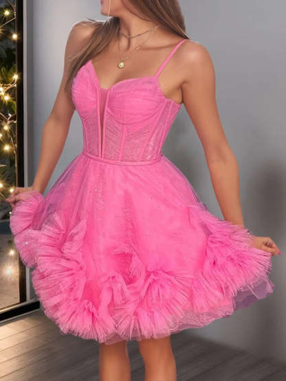 Spaghetti-strap A-line mini dress with ruffles and pleats for party or homecoming