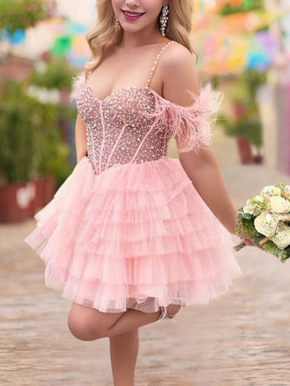 Off-the-Shoulder Feather-Trimmed A-Line Mini Dress with Beaded Bodice and Tiered Ruffles