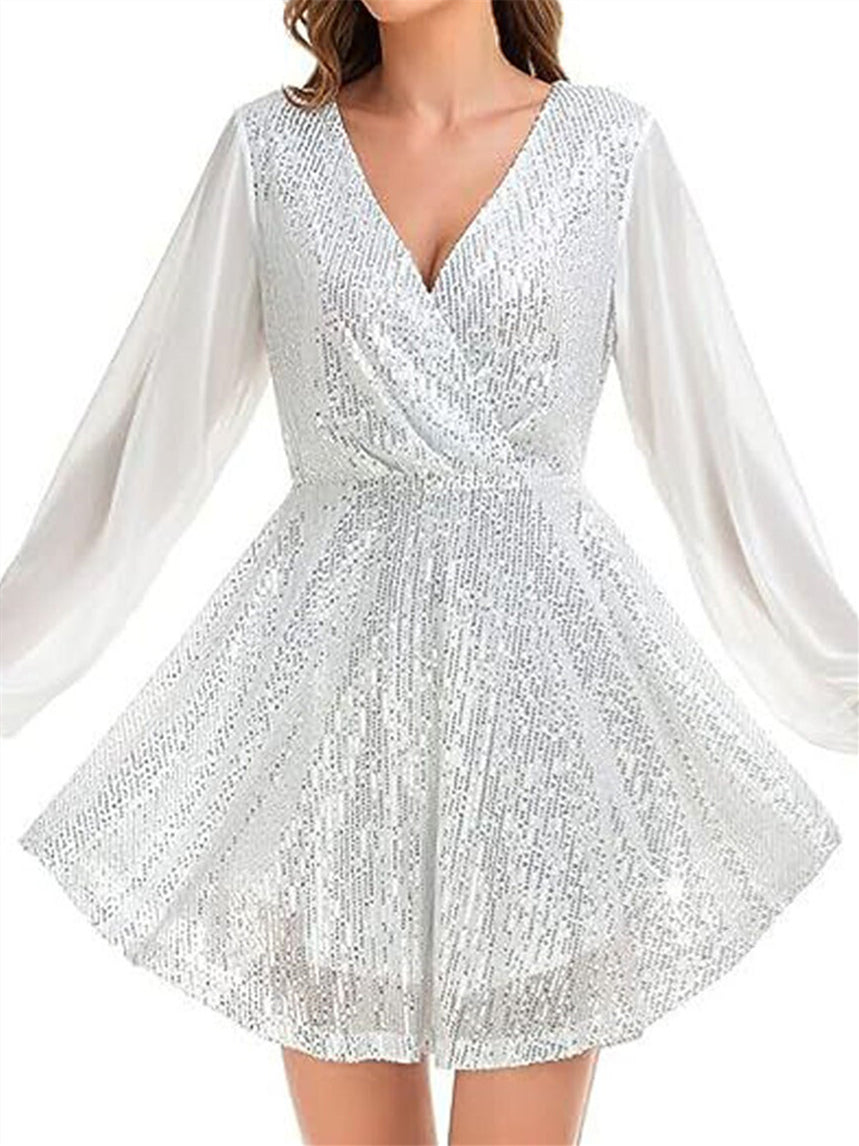 Vintage Sequin Mini Dress for Women with V Neck and Long Sleeves