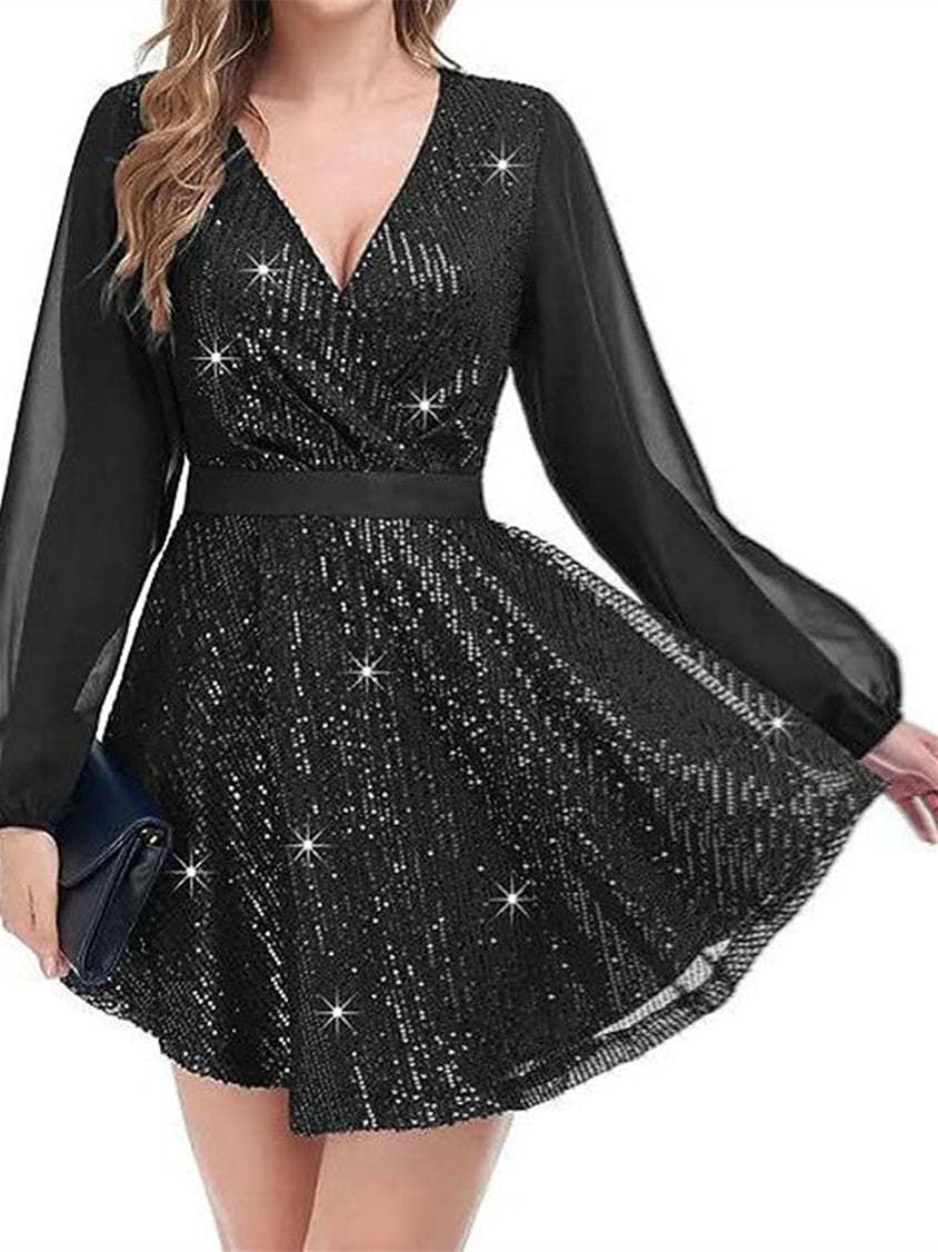 Vintage Sequin Mini Dress for Women with V Neck and Long Sleeves