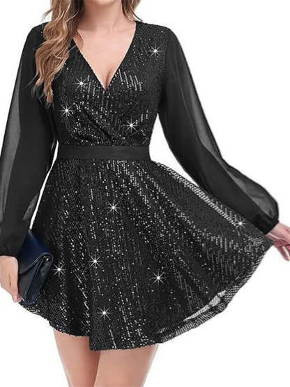 Vintage Sequin Mini Dress for Women with V Neck and Long Sleeves