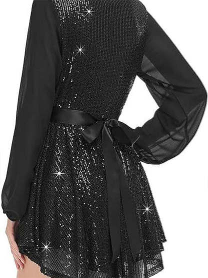 Vintage Sequin Mini Dress for Women with V Neck and Long Sleeves