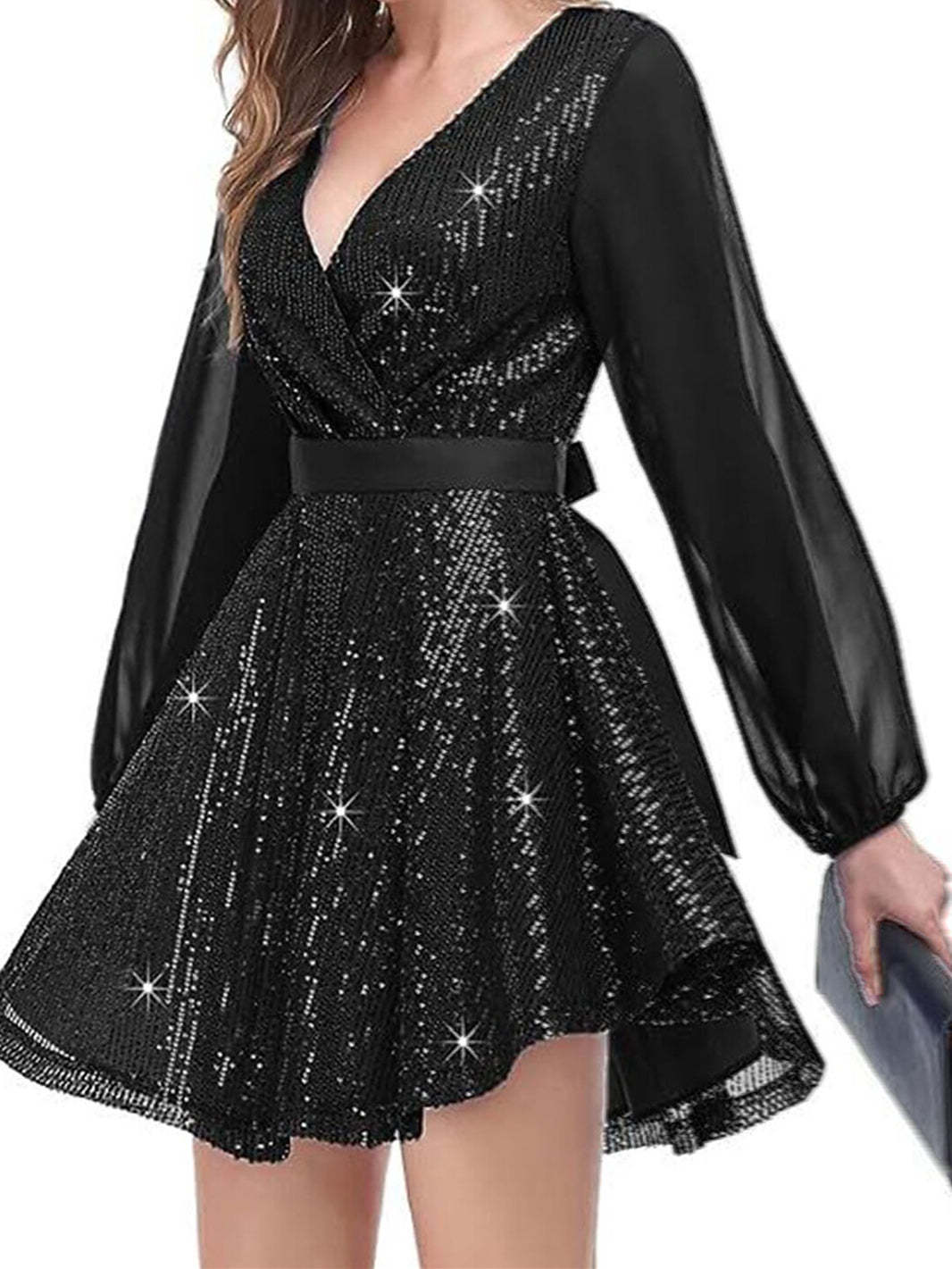 Vintage Sequin Mini Dress for Women with V Neck and Long Sleeves