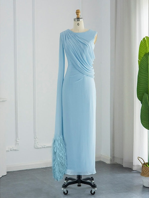 Sleeveless Cowl Neck Chiffon Prom Dress with Feather Ruched Slit and Sheath/Column Sweep/Brush Train