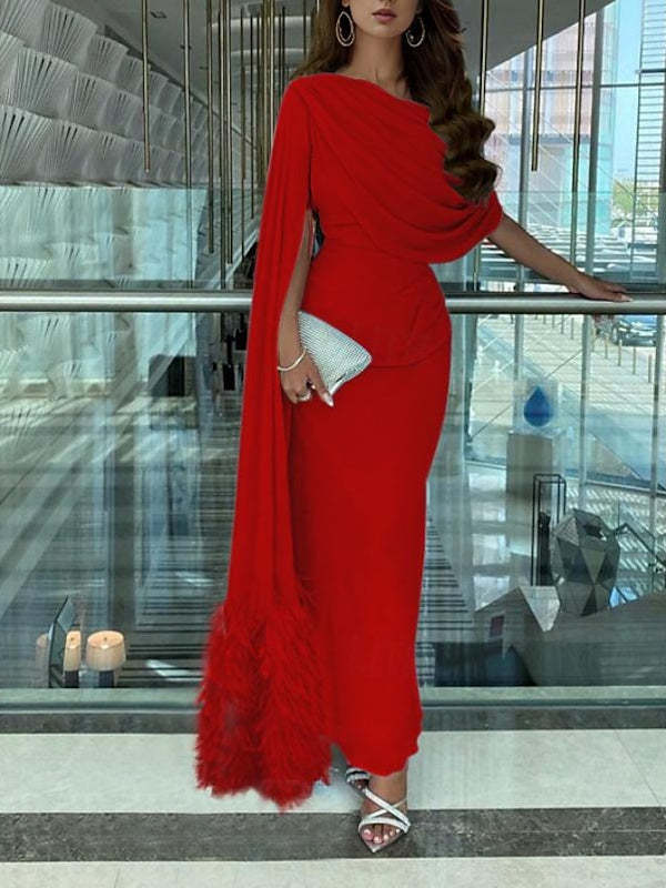 Sleeveless Cowl Neck Chiffon Prom Dress with Feather Ruched Slit and Sheath/Column Sweep/Brush Train