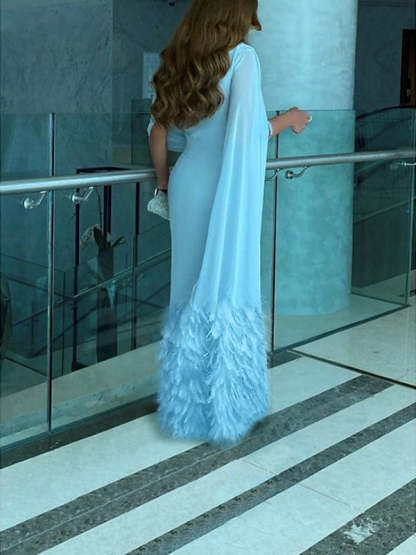 Sleeveless Cowl Neck Chiffon Prom Dress with Feather Ruched Slit and Sheath/Column Sweep/Brush Train