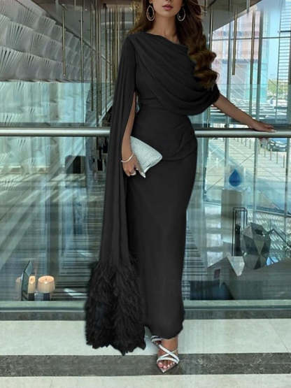 Sleeveless Cowl Neck Chiffon Prom Dress with Feather Ruched Slit and Sheath/Column Sweep/Brush Train