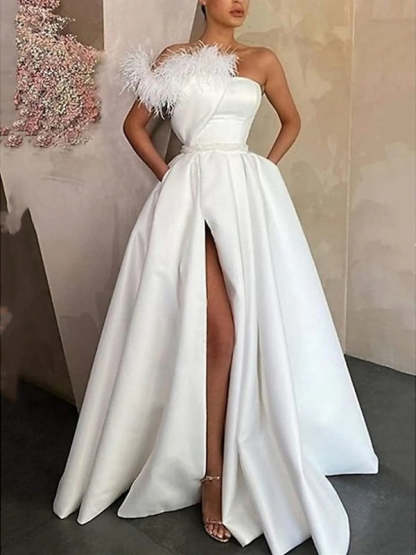Sleeveless One-Shoulder Satin Prom Dress with Feather Slit A-Line Floor Length