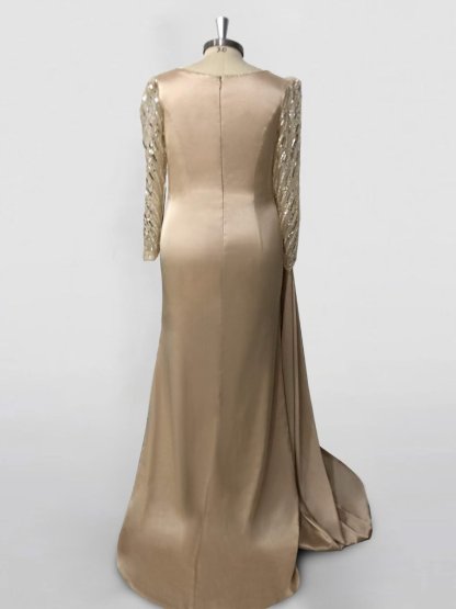 Long Sleeve Satin Prom Dress with Mermaid Train Jewel Neck and Ruched Slit