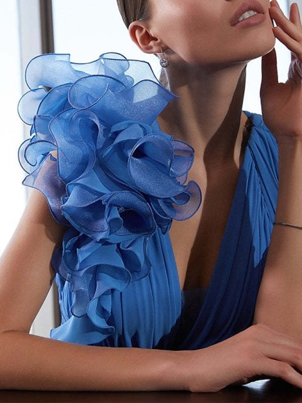 Sleeveless V-Neck Chiffon Prom Dress with Ruffled Shoulder Flower and A-Line Court Train