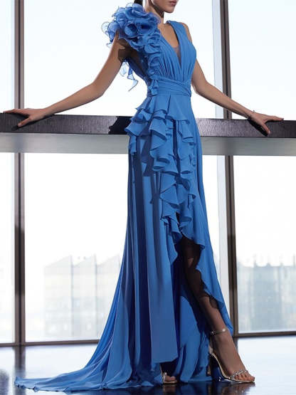Sleeveless V-Neck Chiffon Prom Dress with Ruffled Shoulder Flower and A-Line Court Train