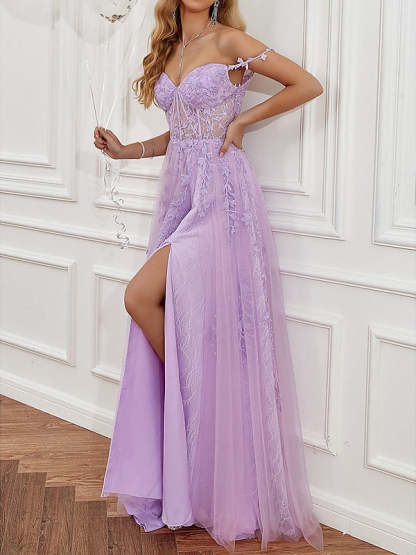 Sweetheart Neckline Sleeveless A-Line Prom Dress with Backless Tulle and Beaded Slit Appliques
