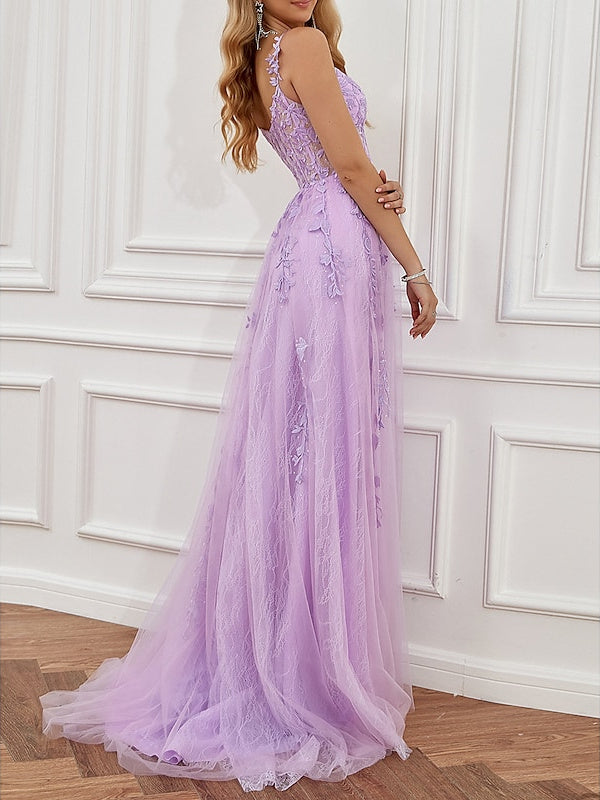 Sweetheart Neckline Sleeveless A-Line Prom Dress with Backless Tulle and Beaded Slit Appliques