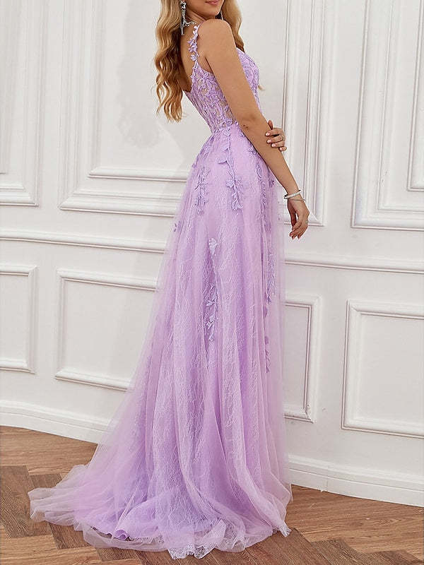 Sweetheart Neckline Sleeveless A-Line Prom Dress with Backless Tulle and Beaded Slit Appliques