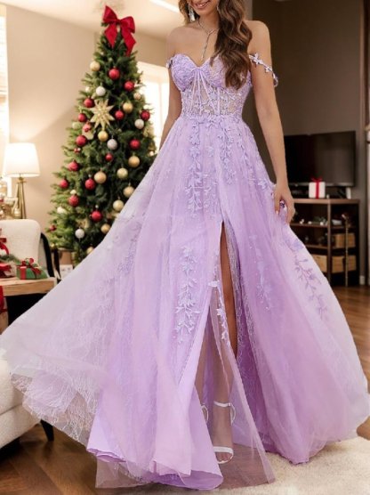 Sweetheart Neckline Sleeveless A-Line Prom Dress with Backless Tulle and Beaded Slit Appliques