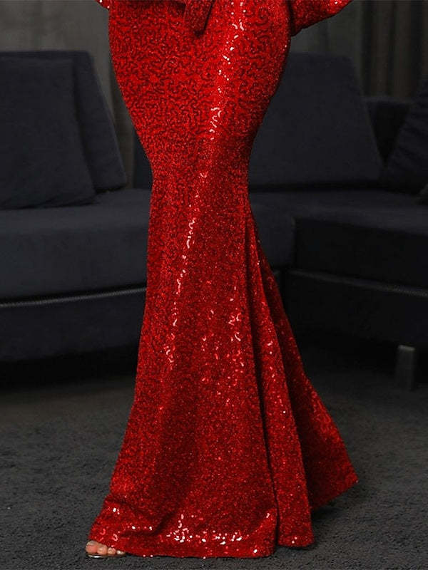 Long Sleeve V-Neck Mermaid Prom Dress with Sequins and Bow(s) Floor Length