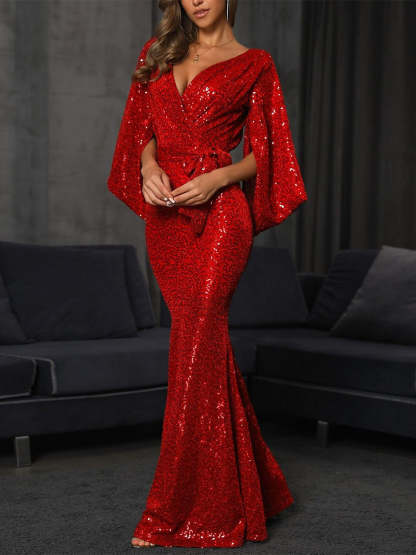 Long Sleeve V-Neck Mermaid Prom Dress with Sequins and Bow(s) Floor Length