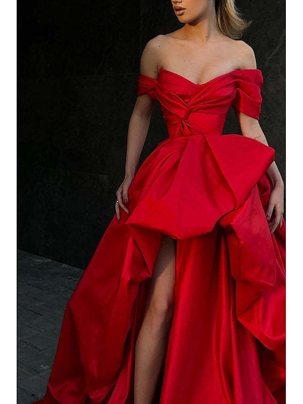 Off-Shoulder Sleeveless Satin Prom Dress with A-Line Sweep and Slit