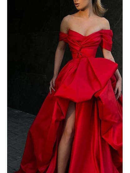 Off-Shoulder Sleeveless Satin Prom Dress with A-Line Sweep and Slit