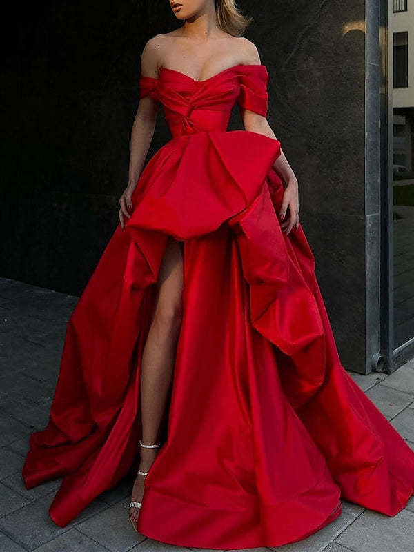 Off-Shoulder Sleeveless Satin Prom Dress with A-Line Sweep and Slit