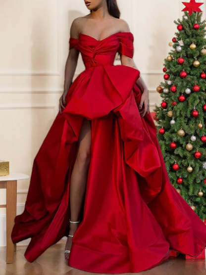 Off-Shoulder Sleeveless Satin Prom Dress with A-Line Sweep and Slit