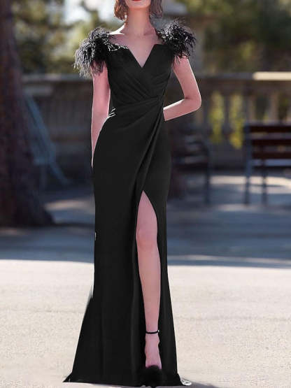 Sleeveless V-Neck Floor-Length Column Dress in Stretch Crepe with Feather