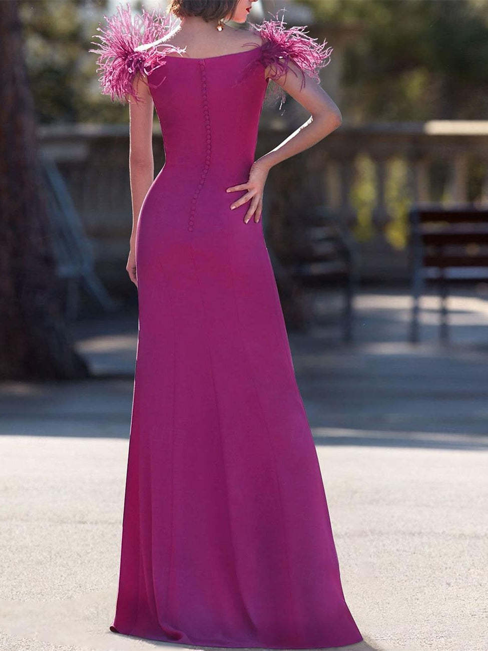 Sleeveless V-Neck Floor-Length Column Dress in Stretch Crepe with Feather